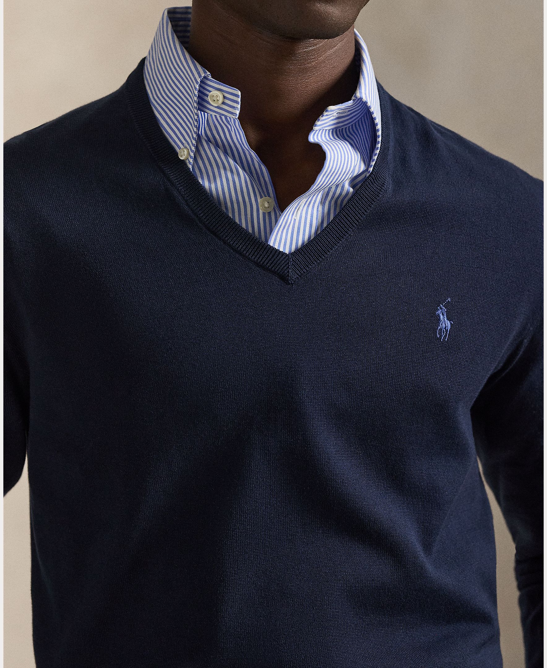 Camisola de Malha com Decote em Bico e em Algodão Azul-marinho-4