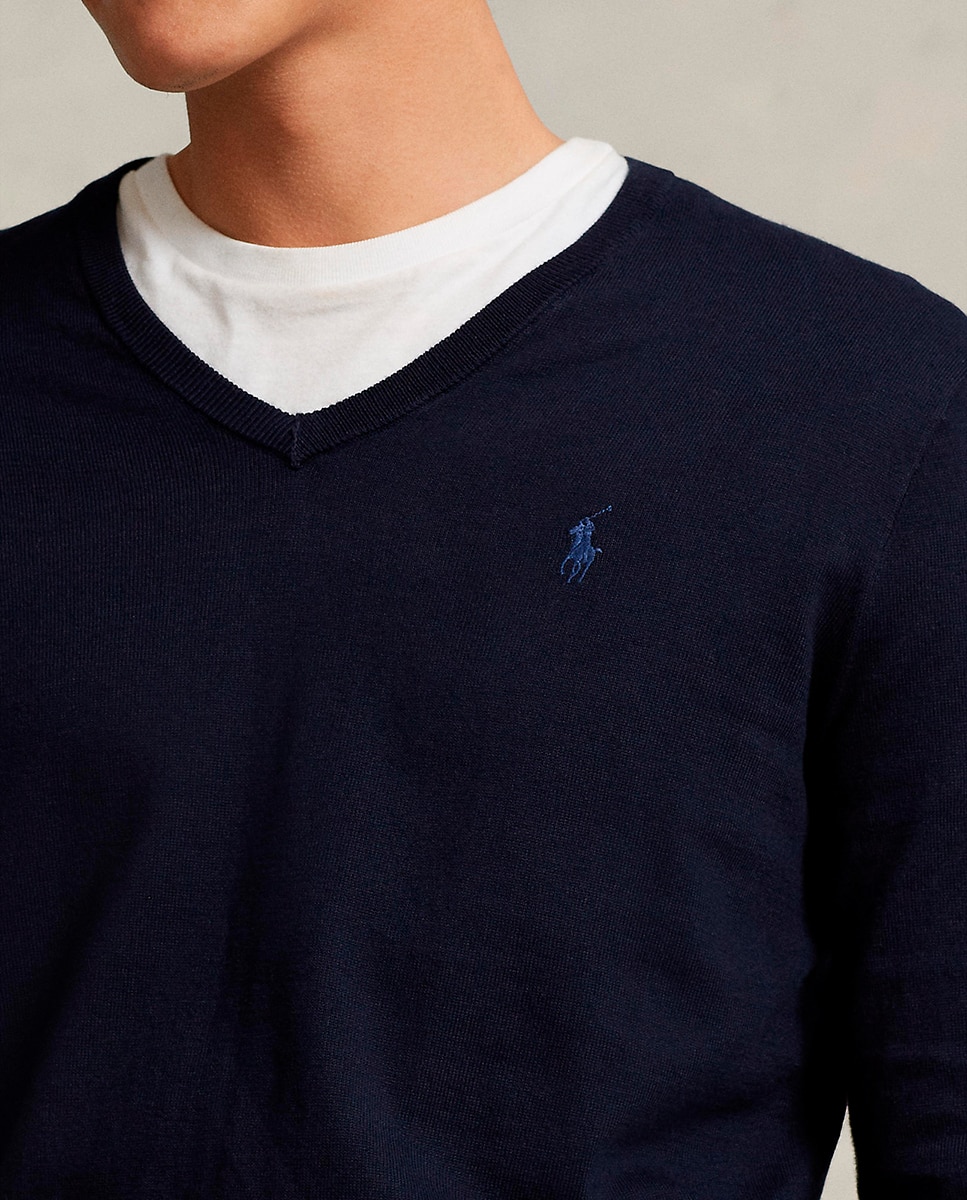 Camisola de Malha com Decote em Bico e em Algodão Azul-marinho-5