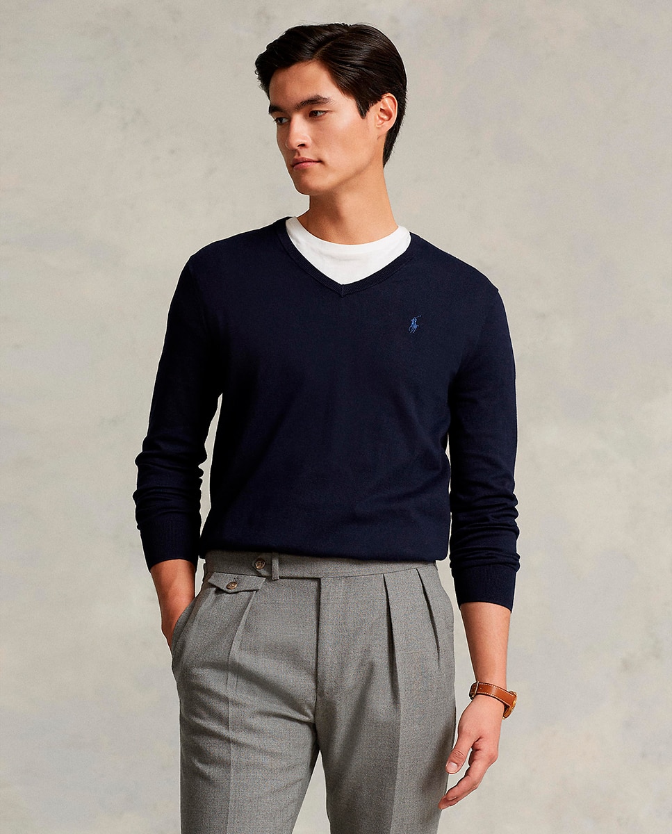 Camisola de Malha com Decote em Bico e em Algodão Azul-marinho-6