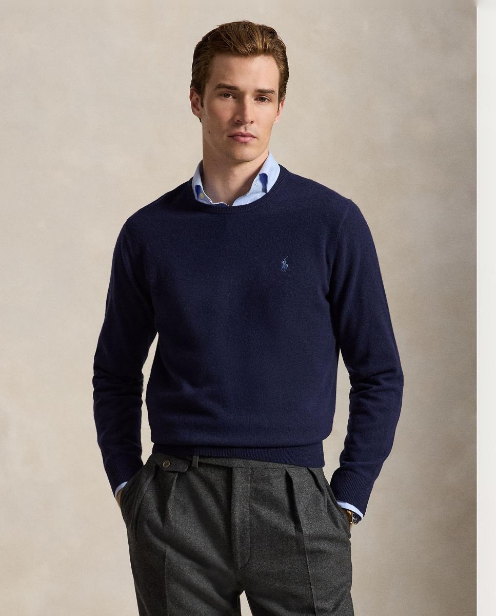 Camisola de Malha com Decote Redondo e em Lã Azul Melange-1