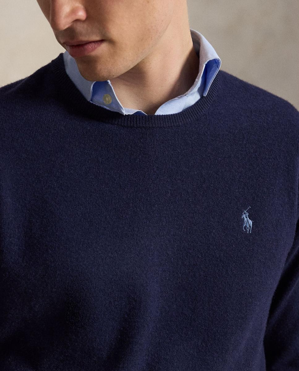 Camisola de Malha com Decote Redondo e em Lã Azul Melange-4