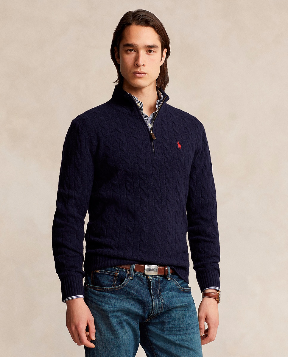 Camisola de Malha do Cabo com Meio Fecho de Correr para Homem Azul Melange-1