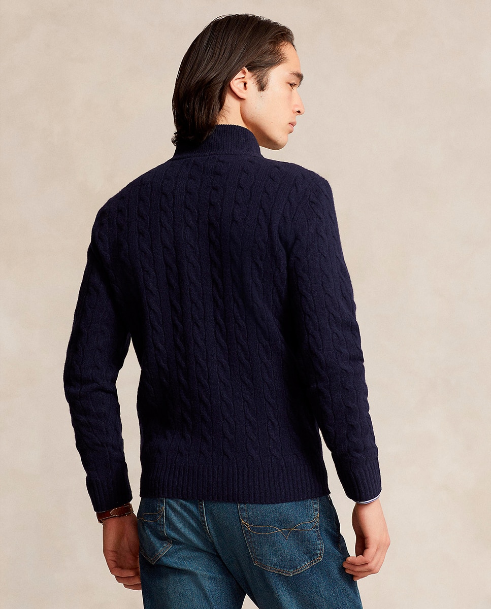 Camisola de Malha do Cabo com Meio Fecho de Correr para Homem Azul Melange-3