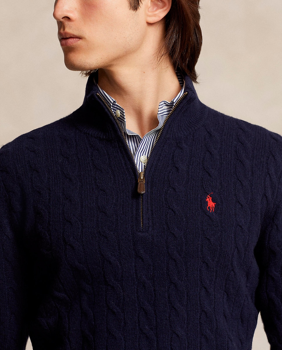 Camisola de Malha do Cabo com Meio Fecho de Correr para Homem Azul Melange-4