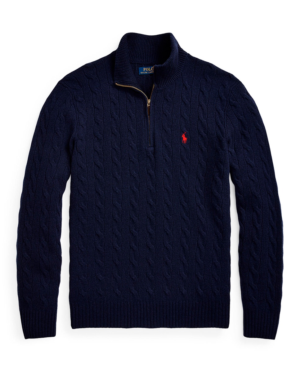 Camisola de Malha do Cabo com Meio Fecho de Correr para Homem Azul Melange-5