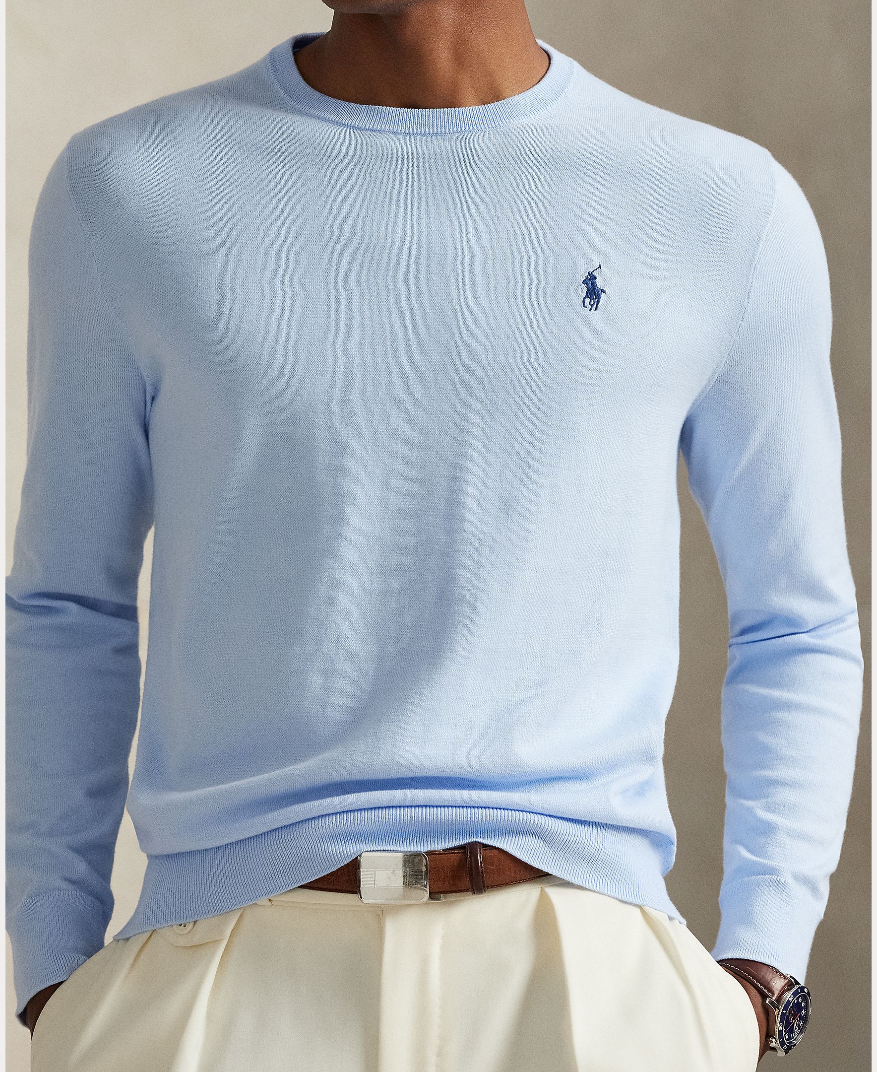 Camisola de Malha Slim Fit de Algodão Azul-claro-4