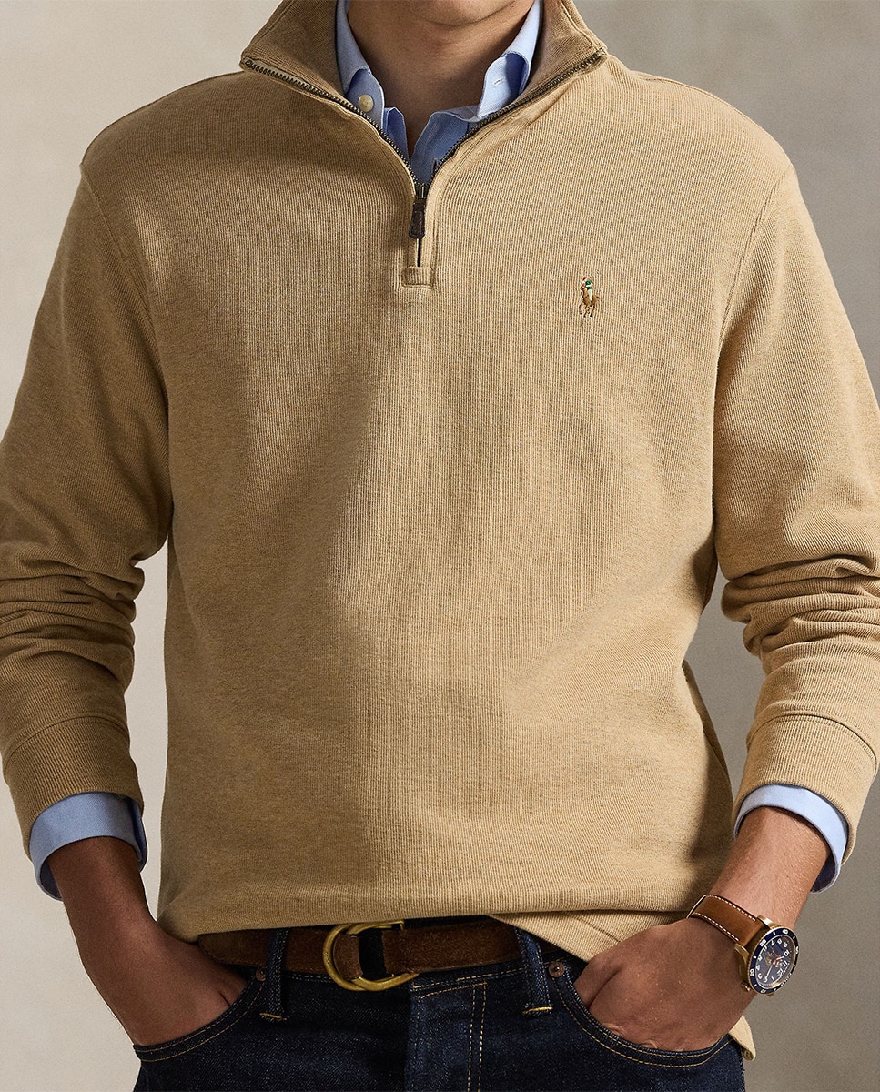Camisola de Malha de Algodão com Meio Fecho de Correr Bege-3