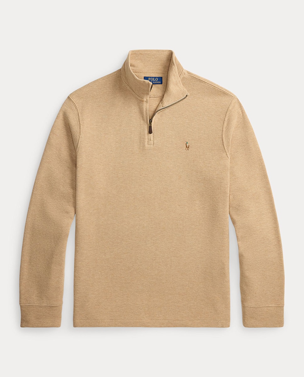 Camisola de Malha de Algodão com Meio Fecho de Correr Bege-4