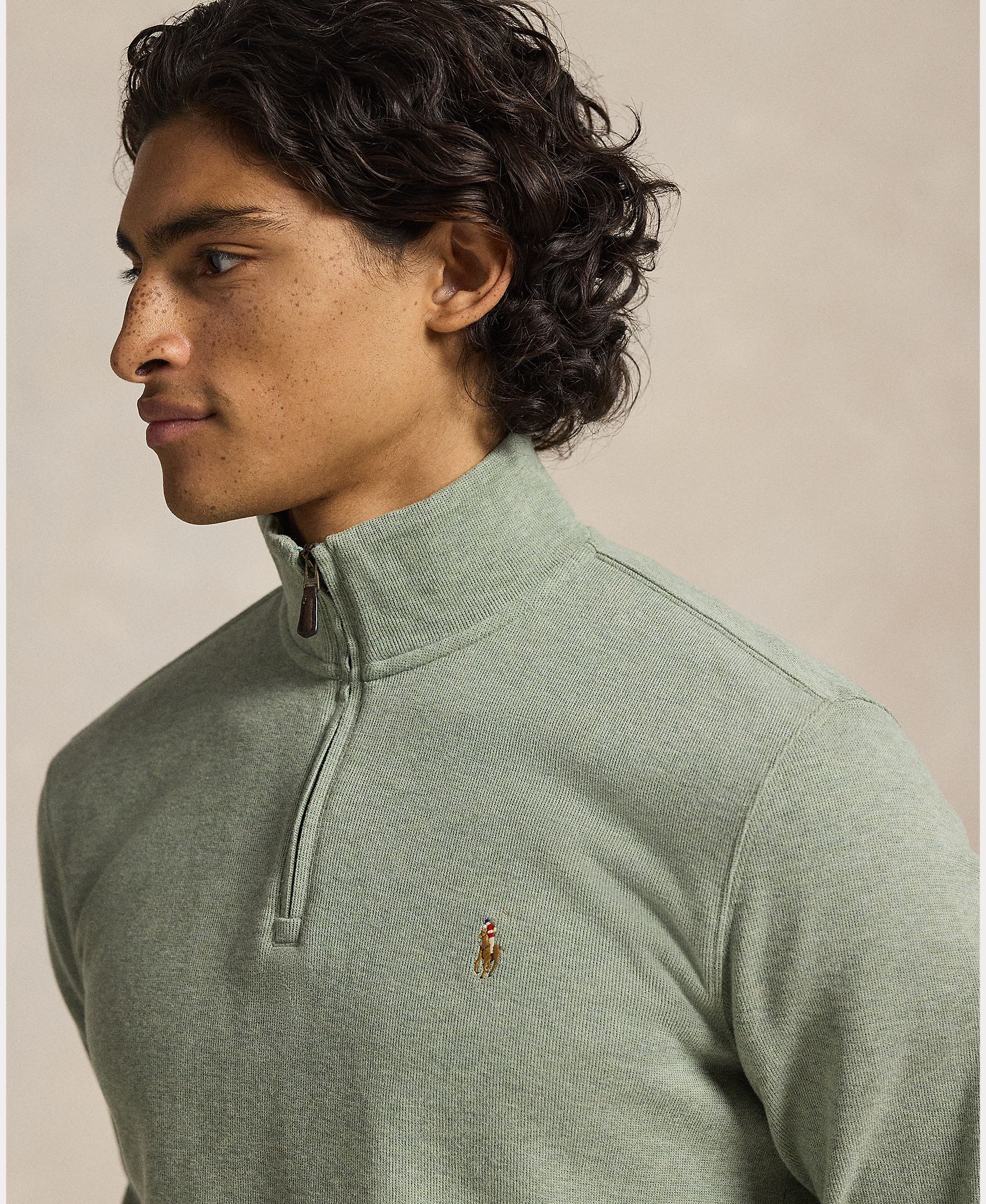 Camisola de Malha de Algodão com Meio Fecho de Correr Erva-4