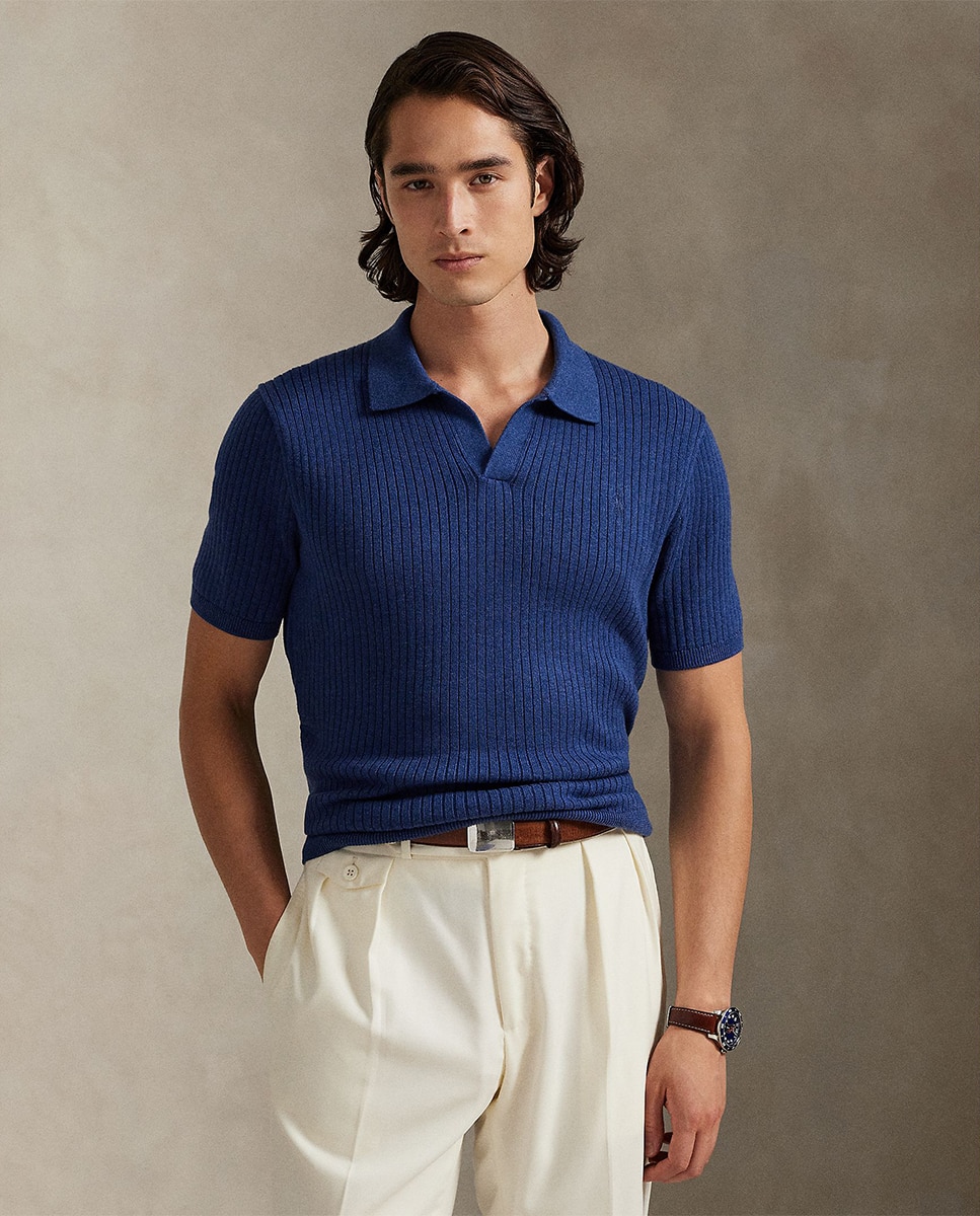 Camisola de Malha de Manga Curta e Algodão Canelado Azul-marinho-1