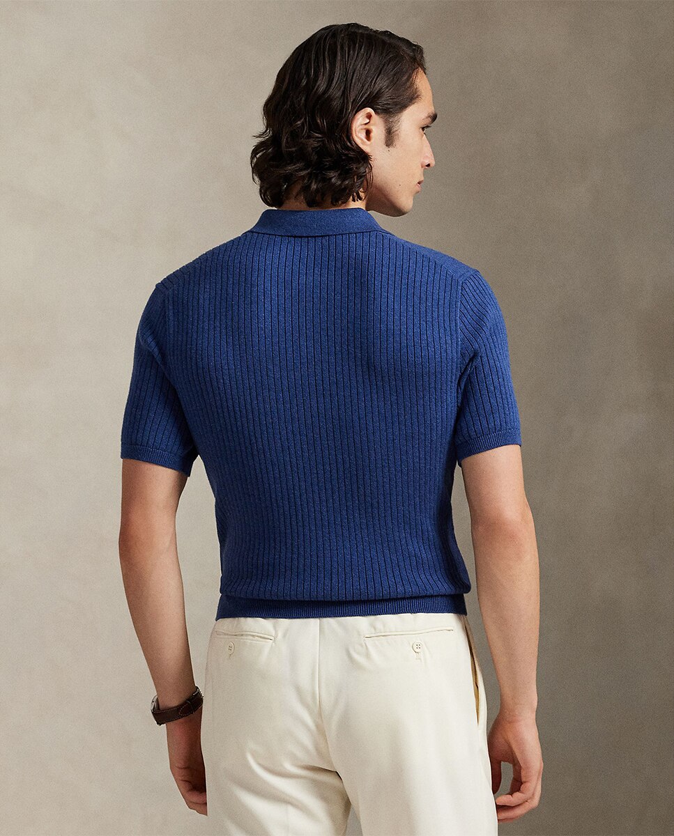Camisola de Malha de Manga Curta e Algodão Canelado Azul-marinho-2