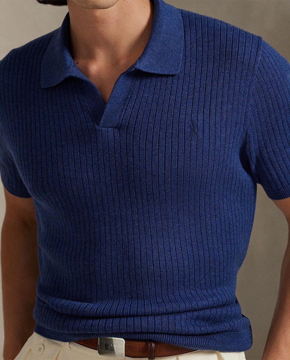 Camisola de Malha de Manga Curta e Algodão Canelado Azul-marinho-3