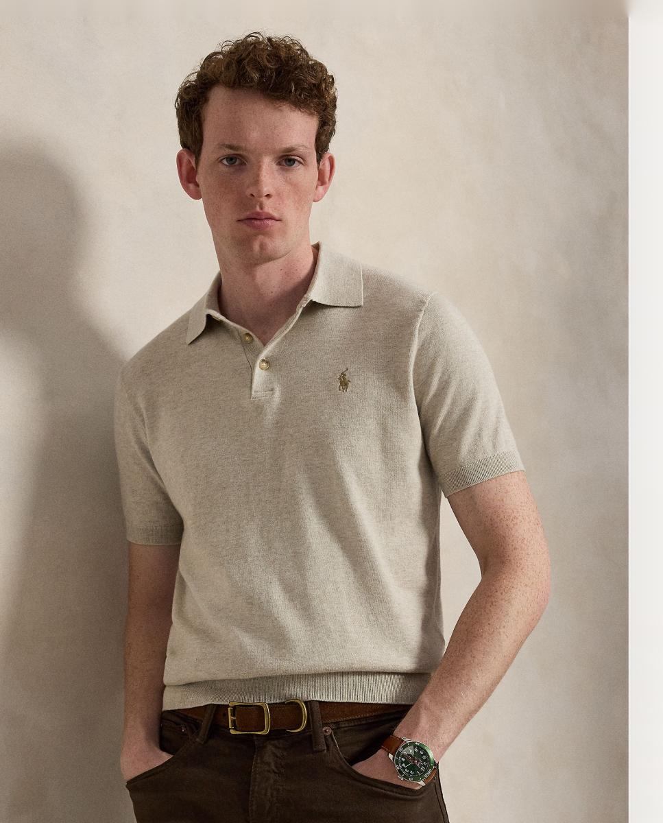 Camisola de Malha de Algodão com Colarinho de Polo Castanho Suave-1