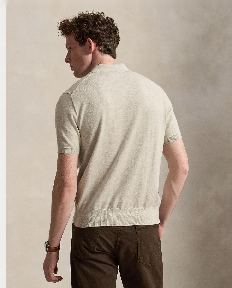 Camisola de Malha de Algodão com Colarinho de Polo Castanho Suave-3