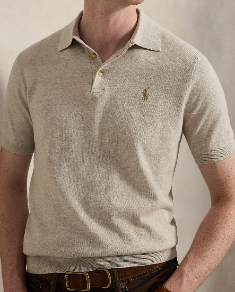 Camisola de Malha de Algodão com Colarinho de Polo Castanho Suave-4