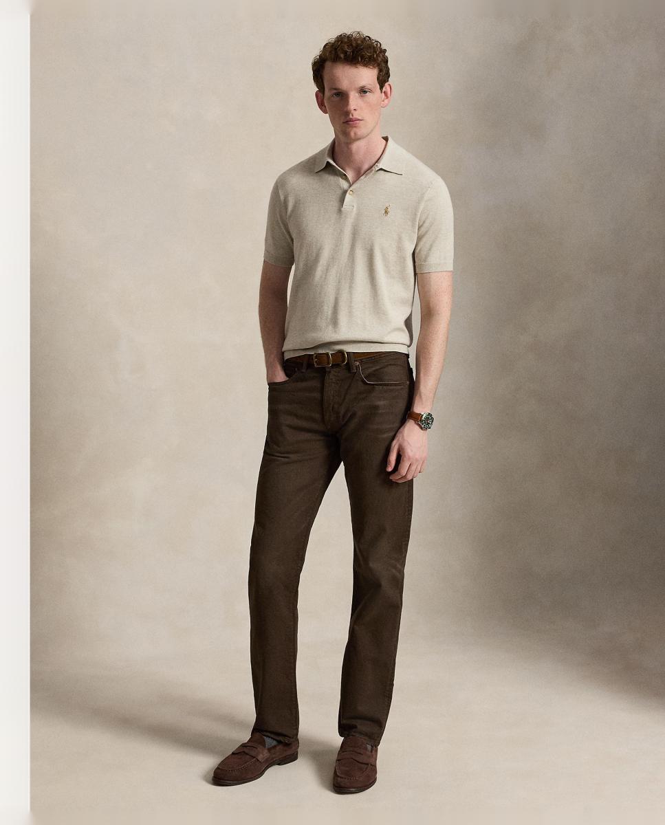Camisola de Malha de Algodão com Colarinho de Polo Castanho Suave-6