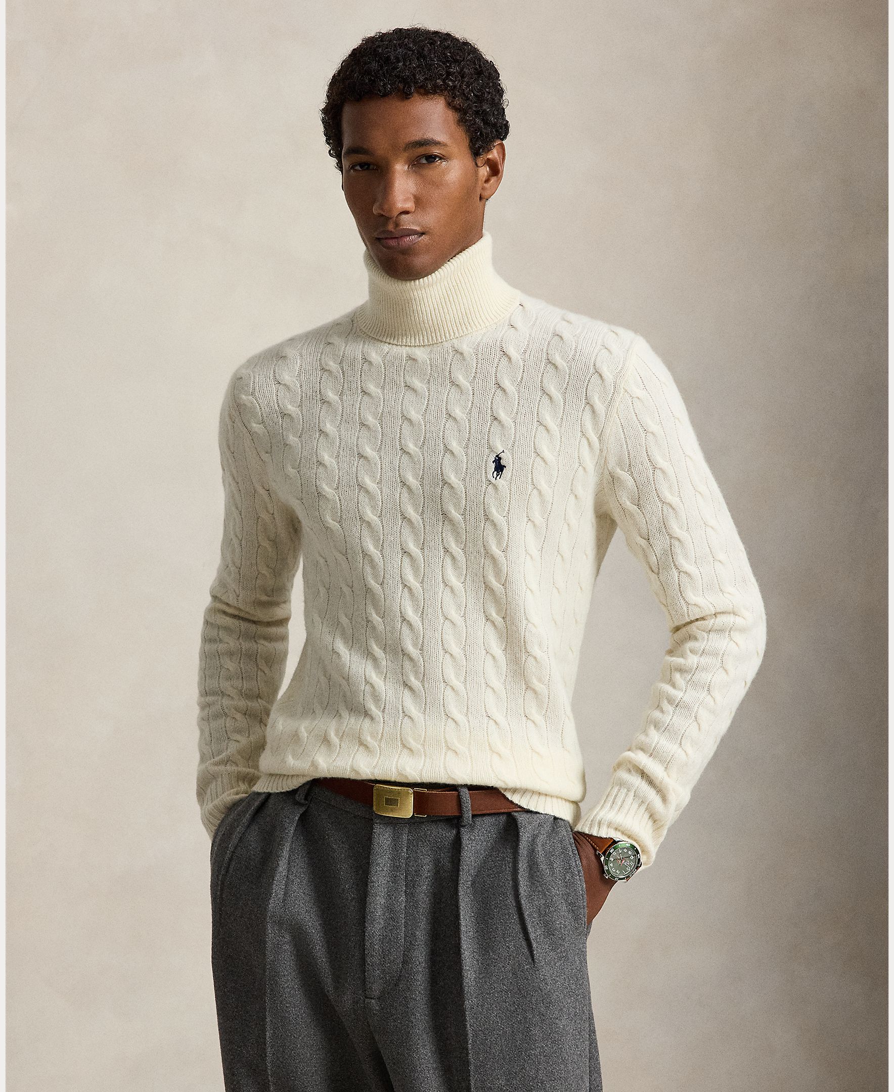 Jersey de hombre en punto de ochos con cuello vuelto - Polo Ralph Lauren - Crema Crema-1