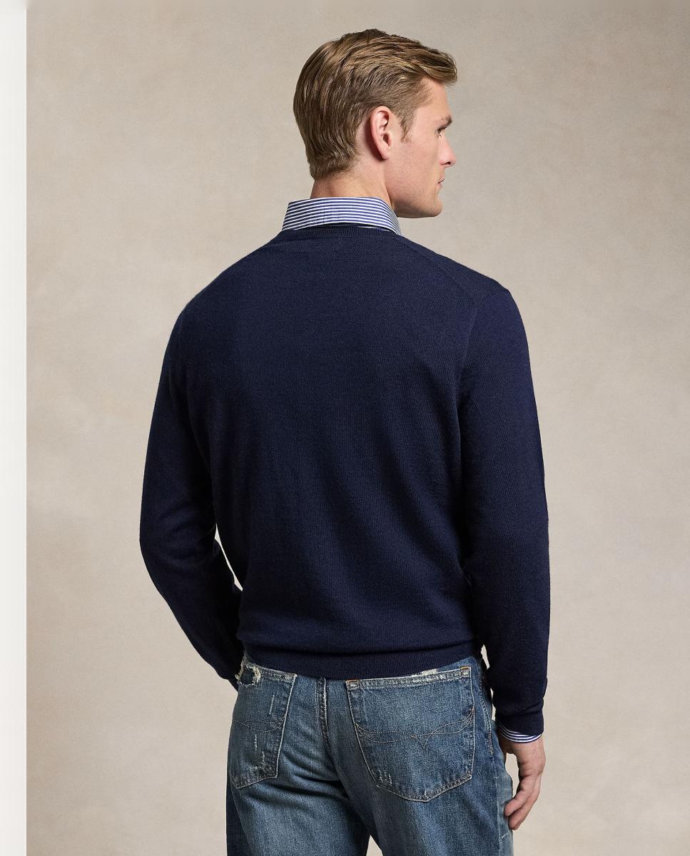 Camisola de Malha de Lã com Gola em Bico Azul-marinho-3