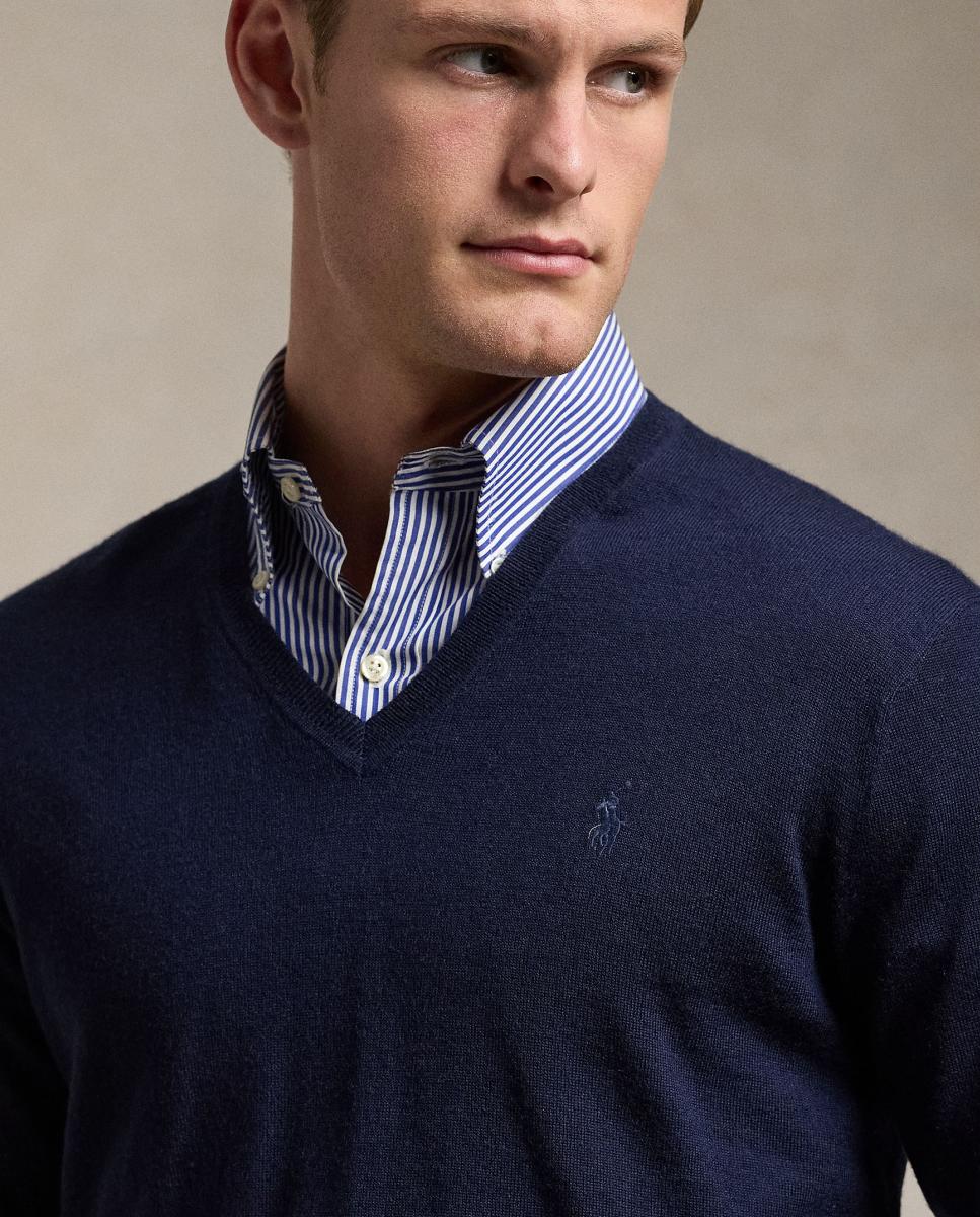 Camisola de Malha de Lã com Gola em Bico Azul-marinho-4