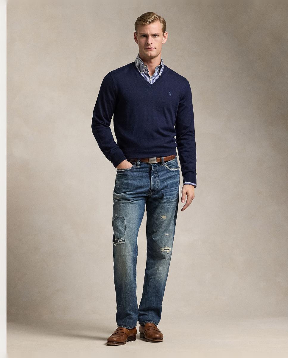 Camisola de Malha de Lã com Gola em Bico Azul-marinho-6