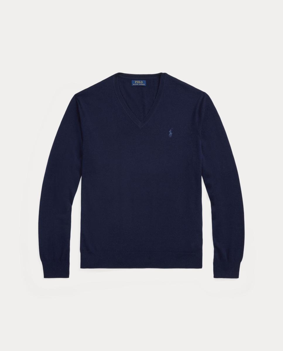 Camisola de Malha de Lã com Gola em Bico Azul-marinho-5