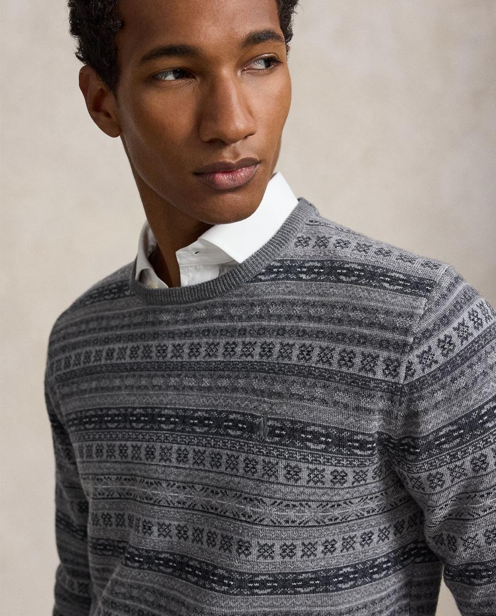 Camisola de Malha de Lã com Estampado Fair Isle Cinzento-4