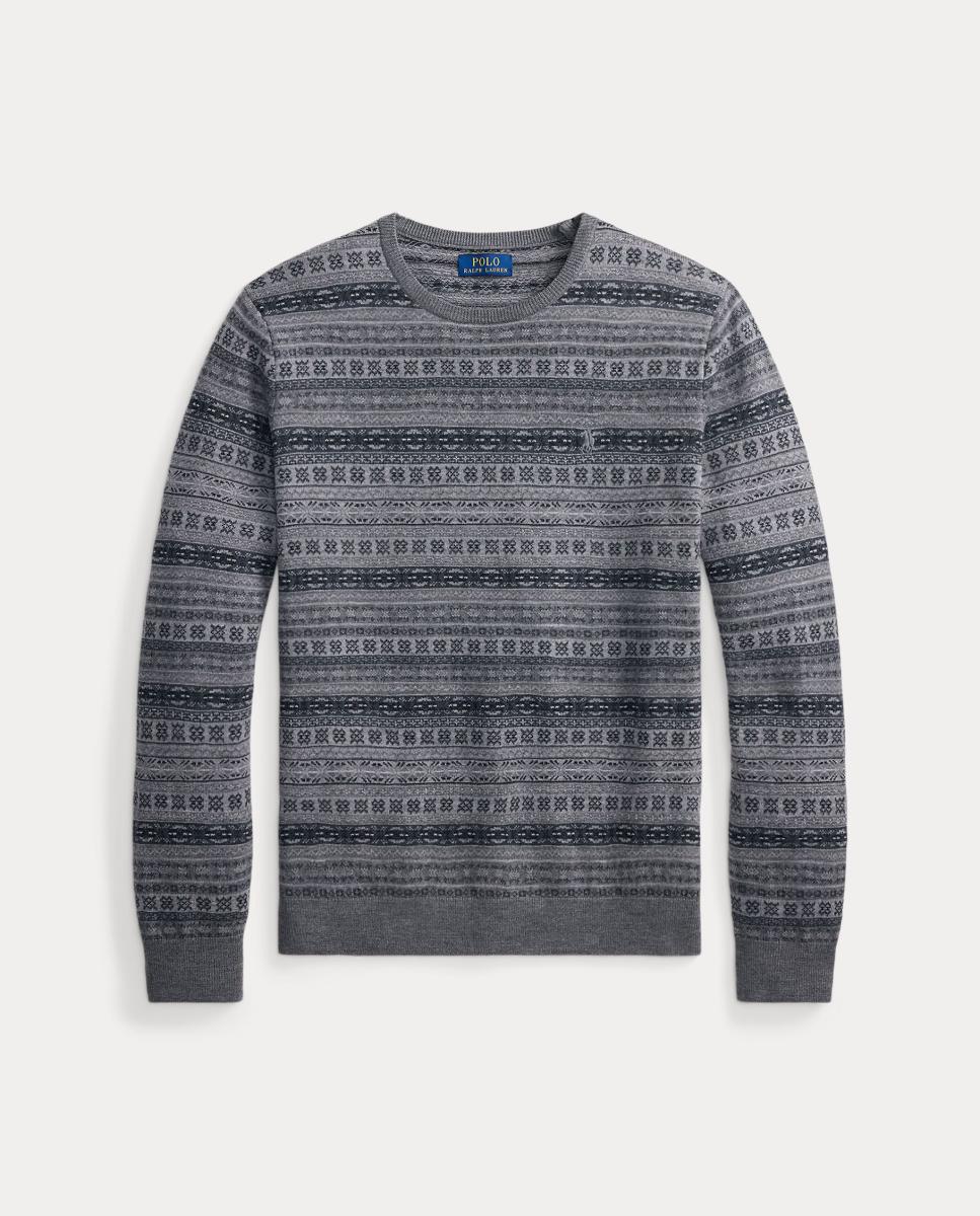 Camisola de Malha de Lã com Estampado Fair Isle Cinzento-5