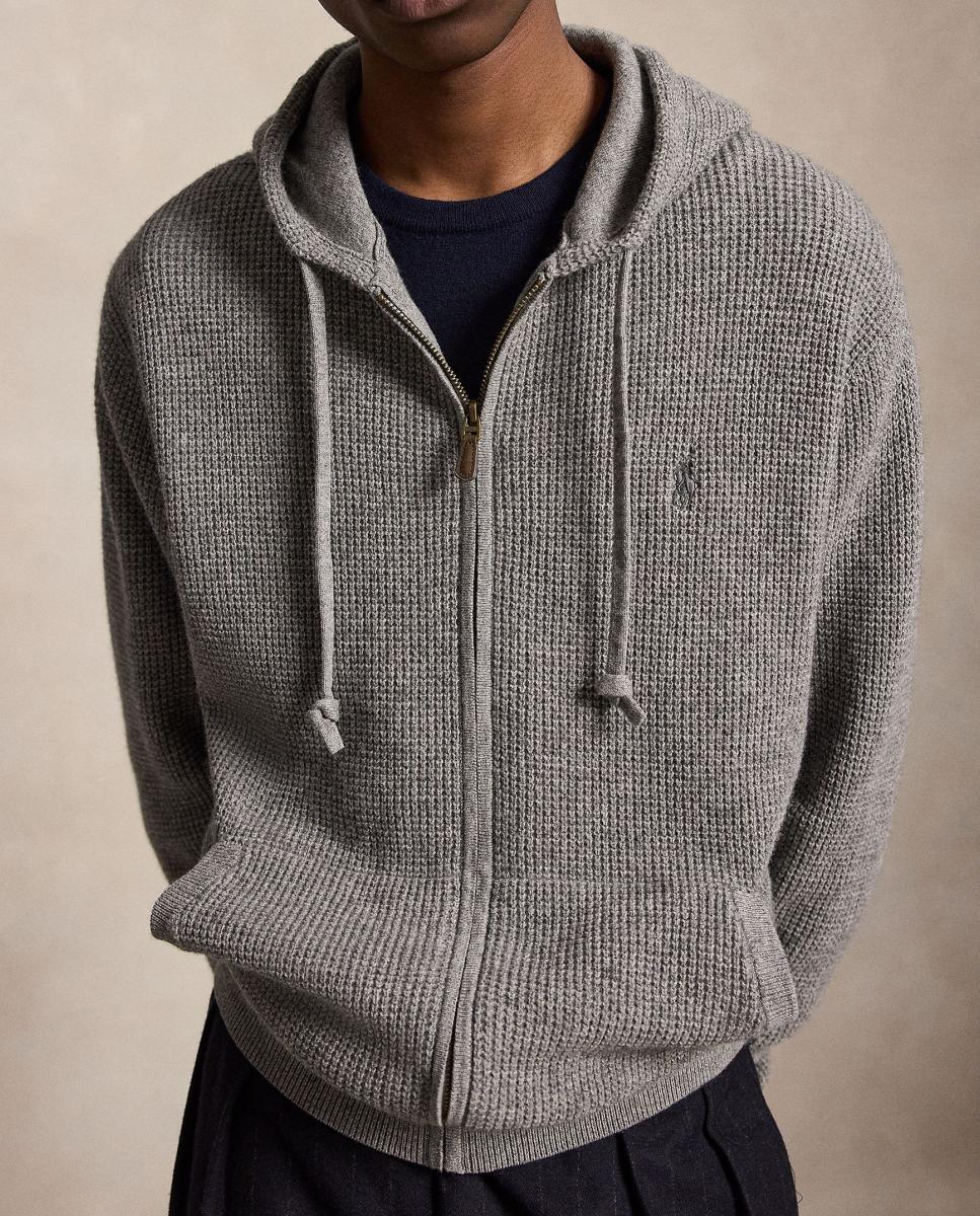 Cardigan de Lã e Algodão com Capuz Cinzento-4