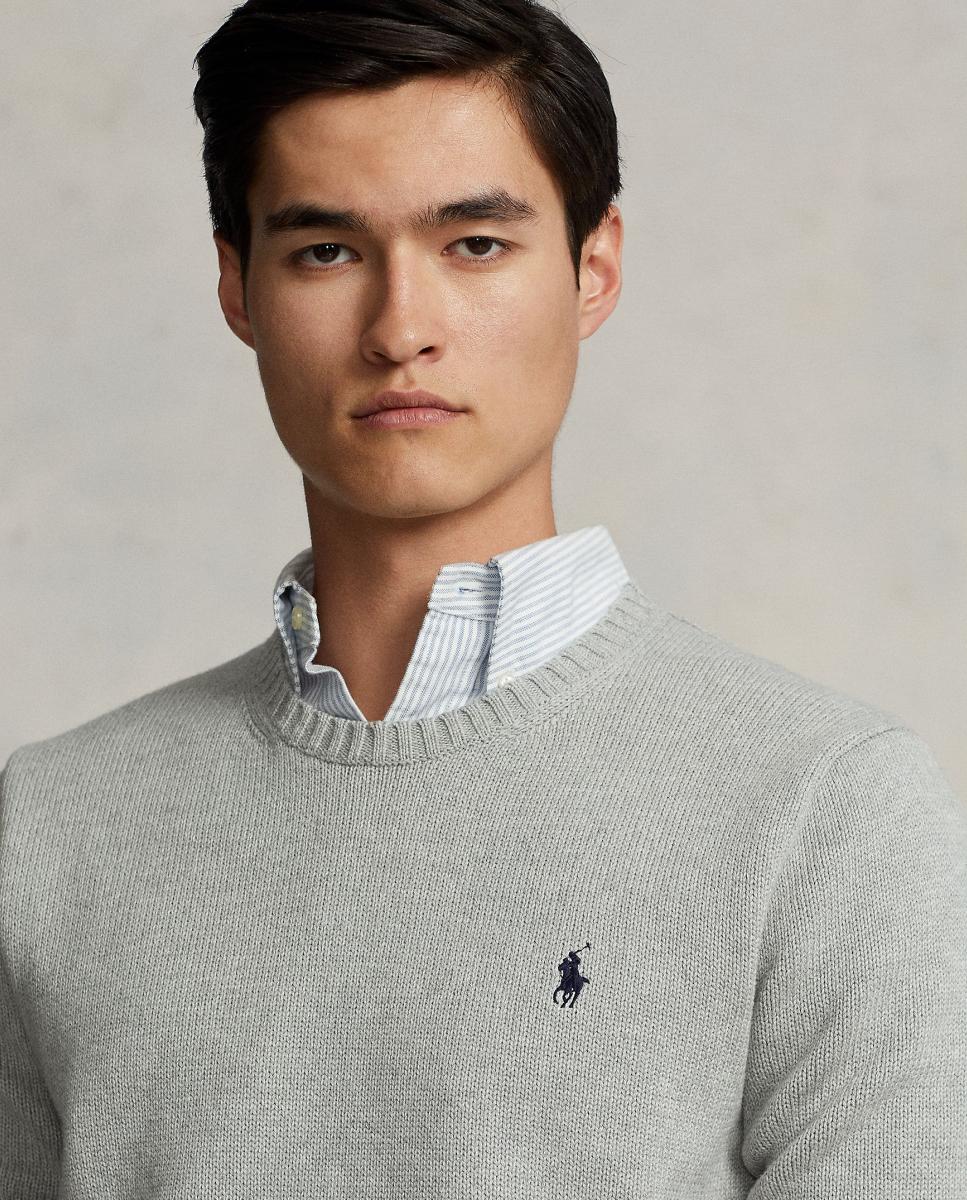Camisola de malha de algodão com decote redondo Cinzento-claro-4