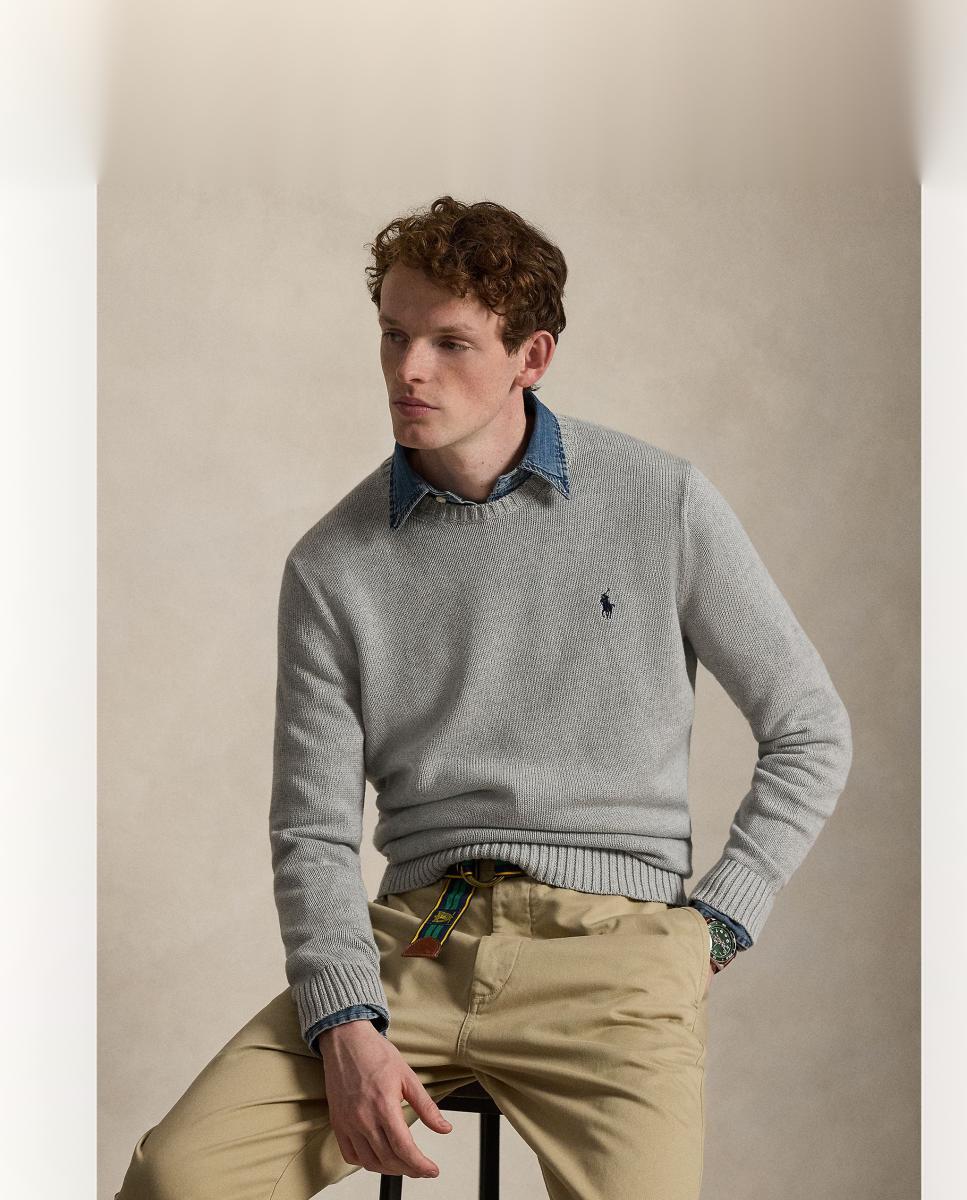Camisola de malha de algodão com decote redondo Cinzento-claro-5