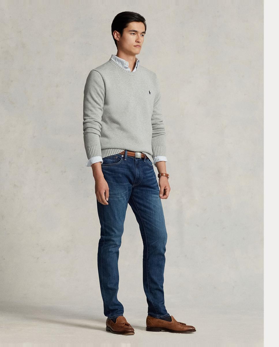 Camisola de malha de algodão com decote redondo Cinzento-claro-7