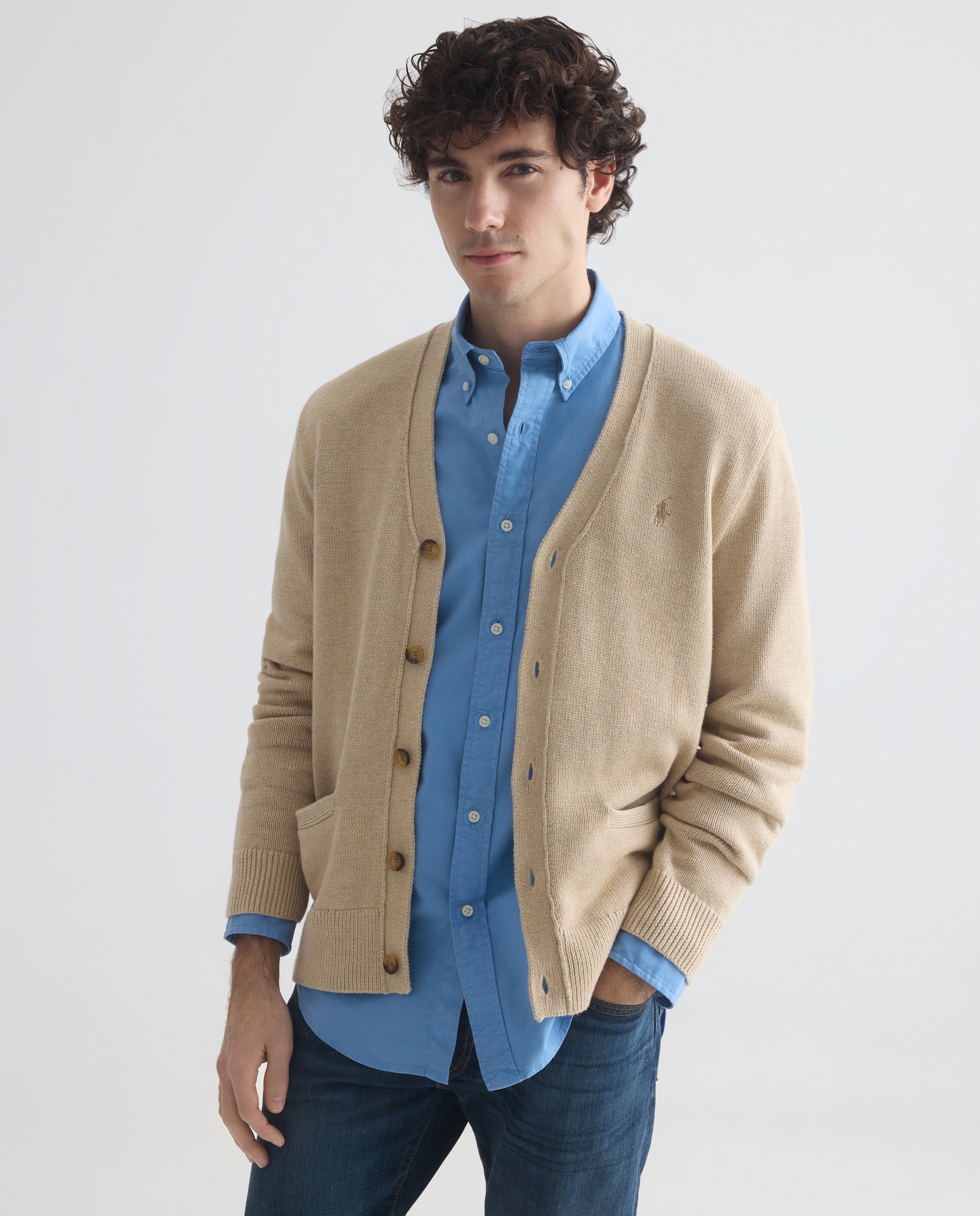 Cardigan de Algodão com Gola em Bico Bege-1