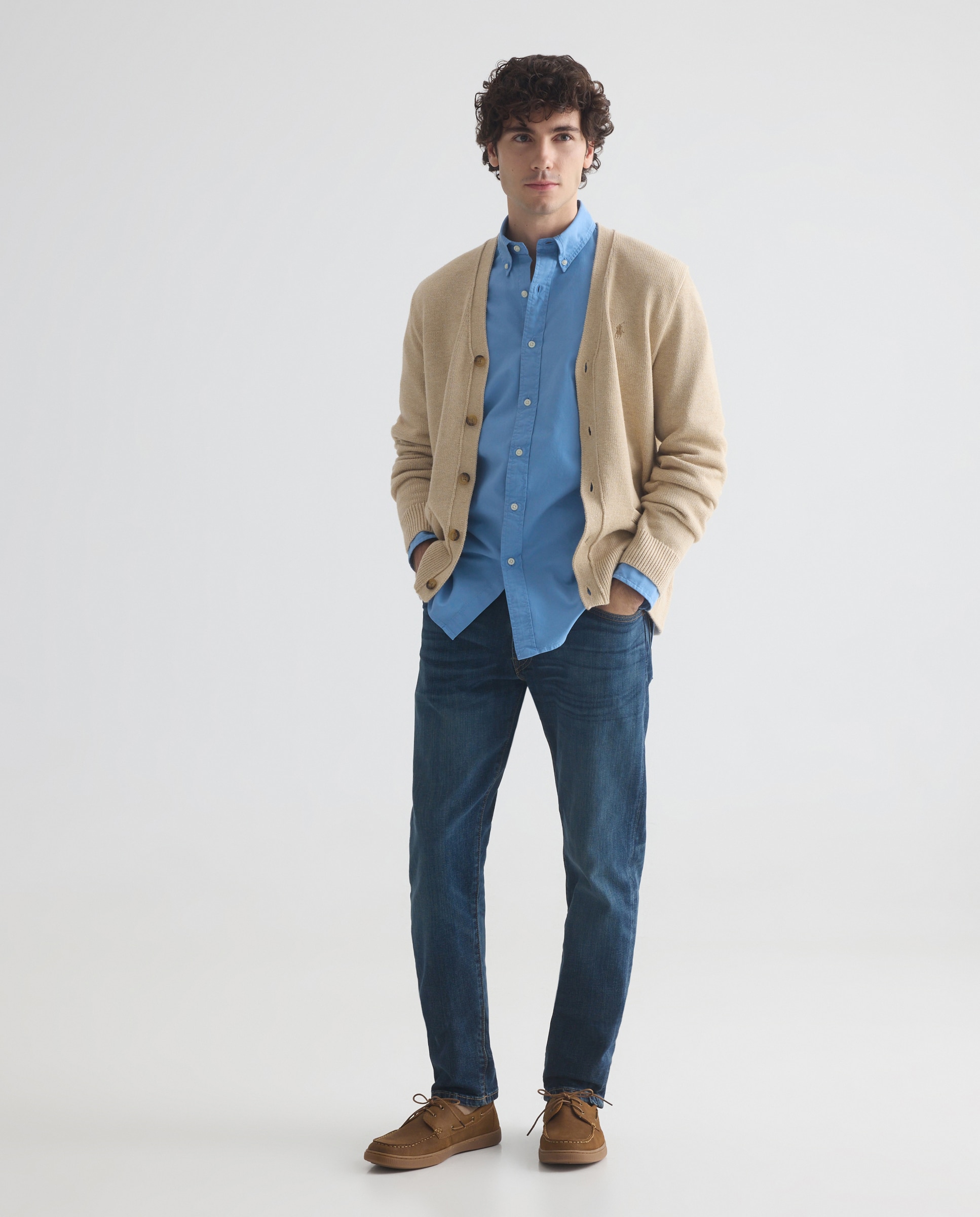 Cardigan de Algodão com Gola em Bico Bege-2