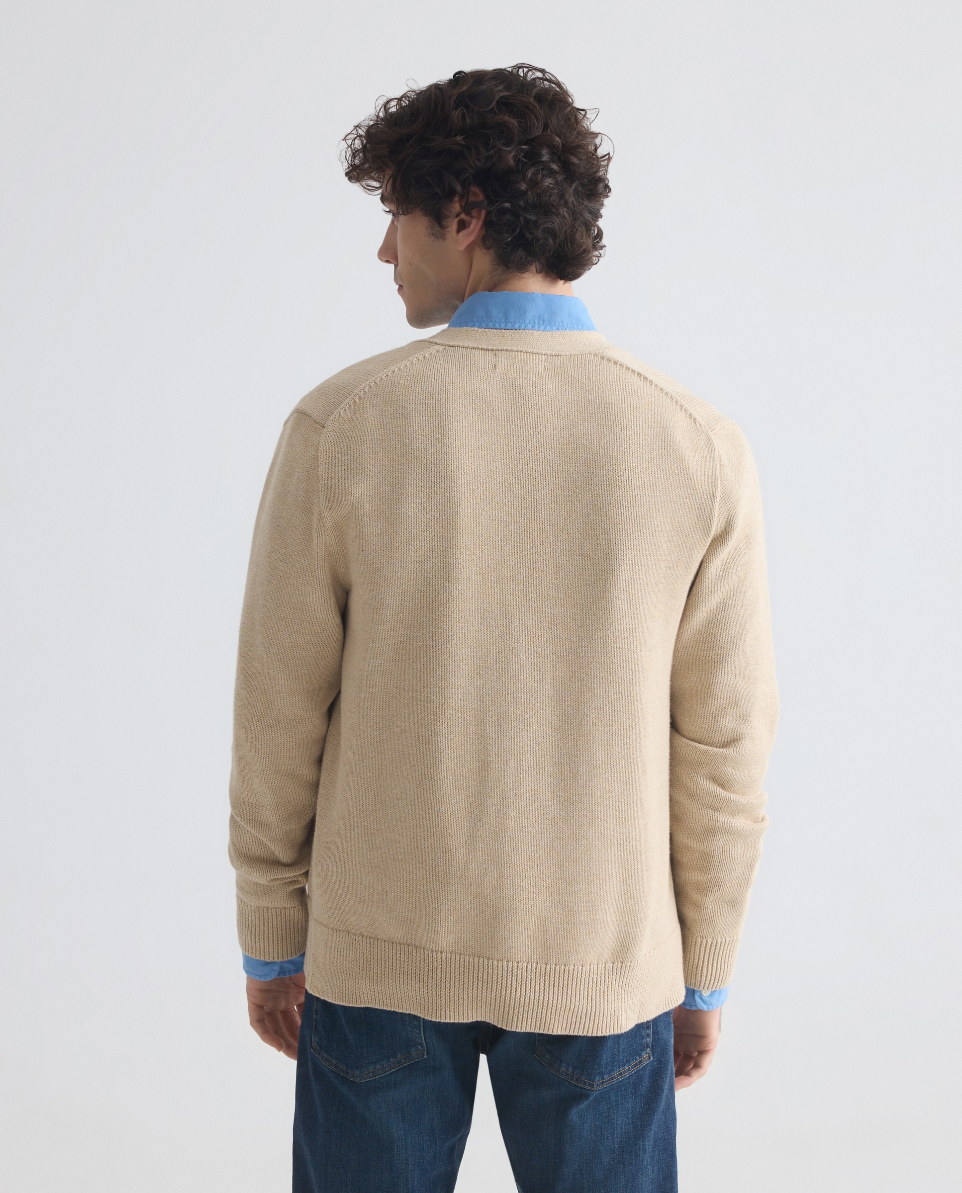 Cardigan de Algodão com Gola em Bico Bege-3