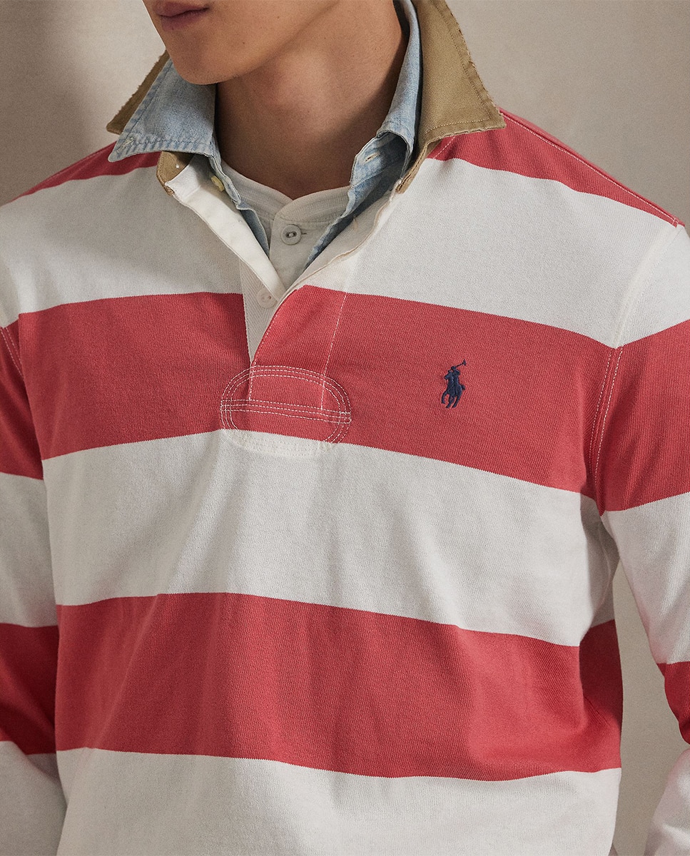T-shirt de Rugby de Algodão Classic Fit Branco / Vermelho-3