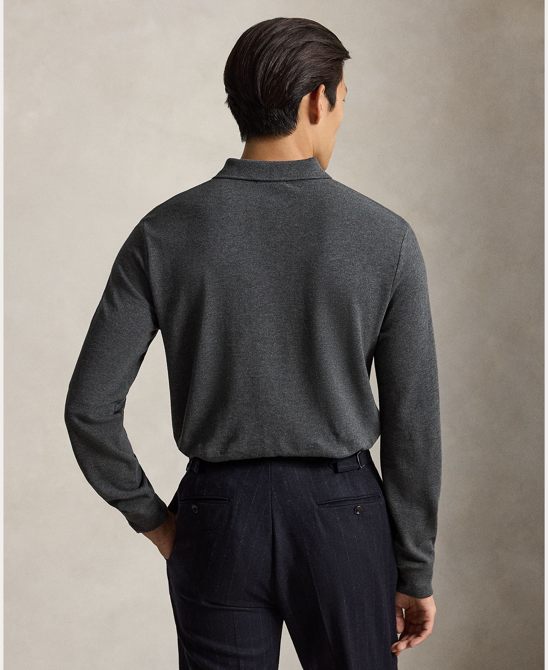 Polo Piqué Regular Fit com Manga Comprida Cinzento-escuro-3