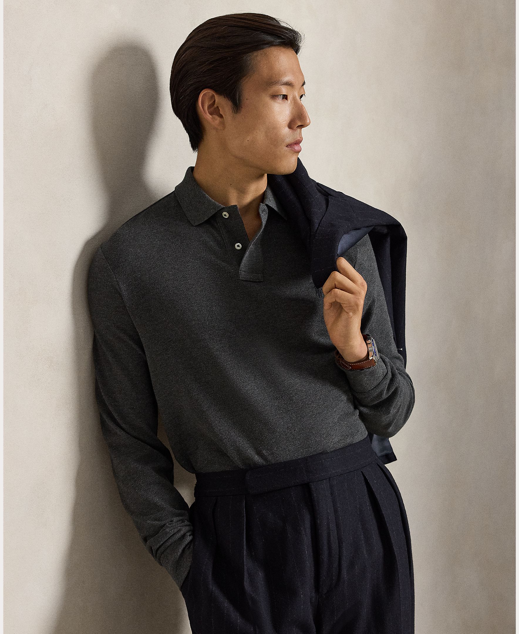 Polo Piqué Regular Fit com Manga Comprida Cinzento-escuro-5