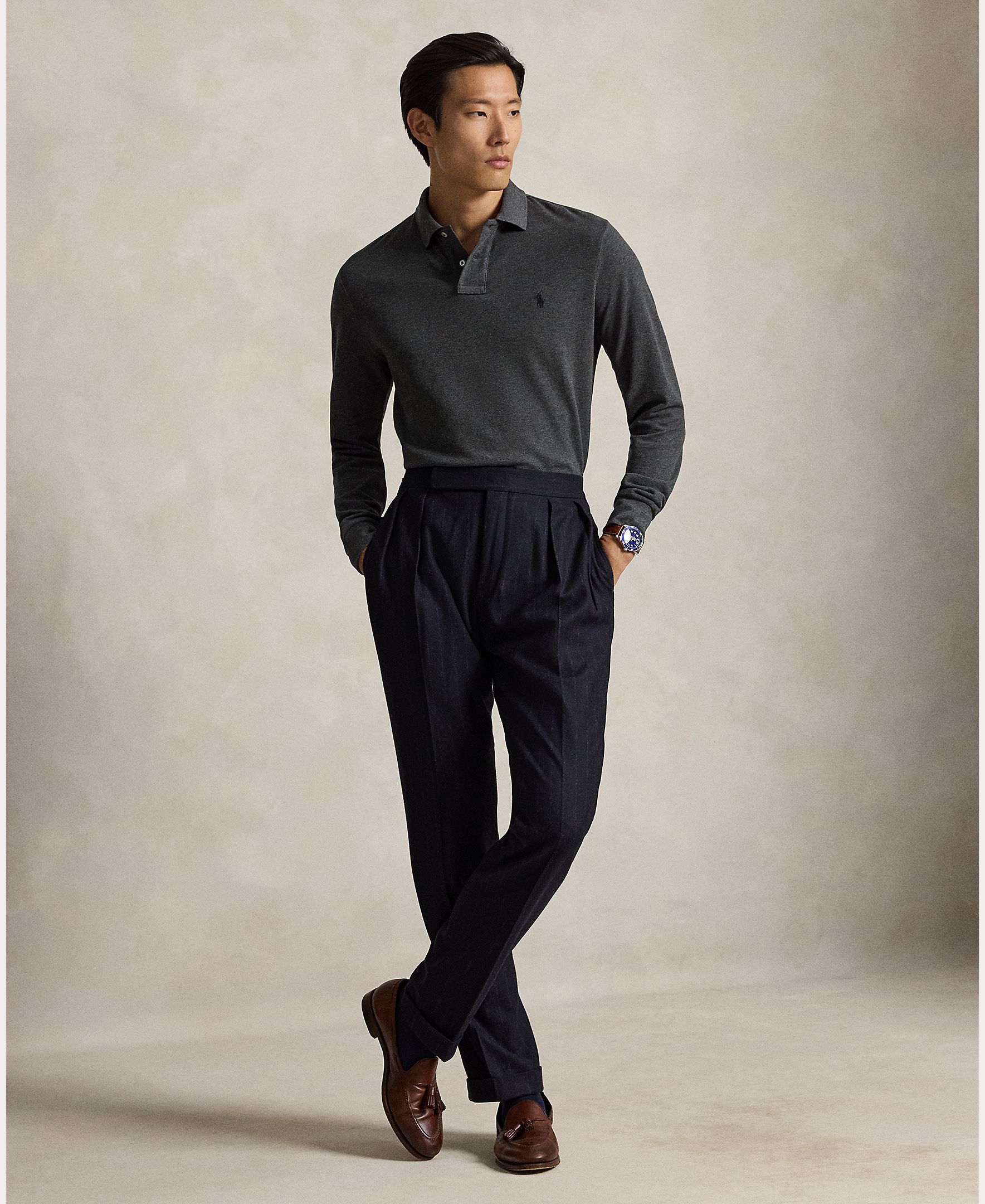 Polo Piqué Regular Fit com Manga Comprida Cinzento-escuro-7