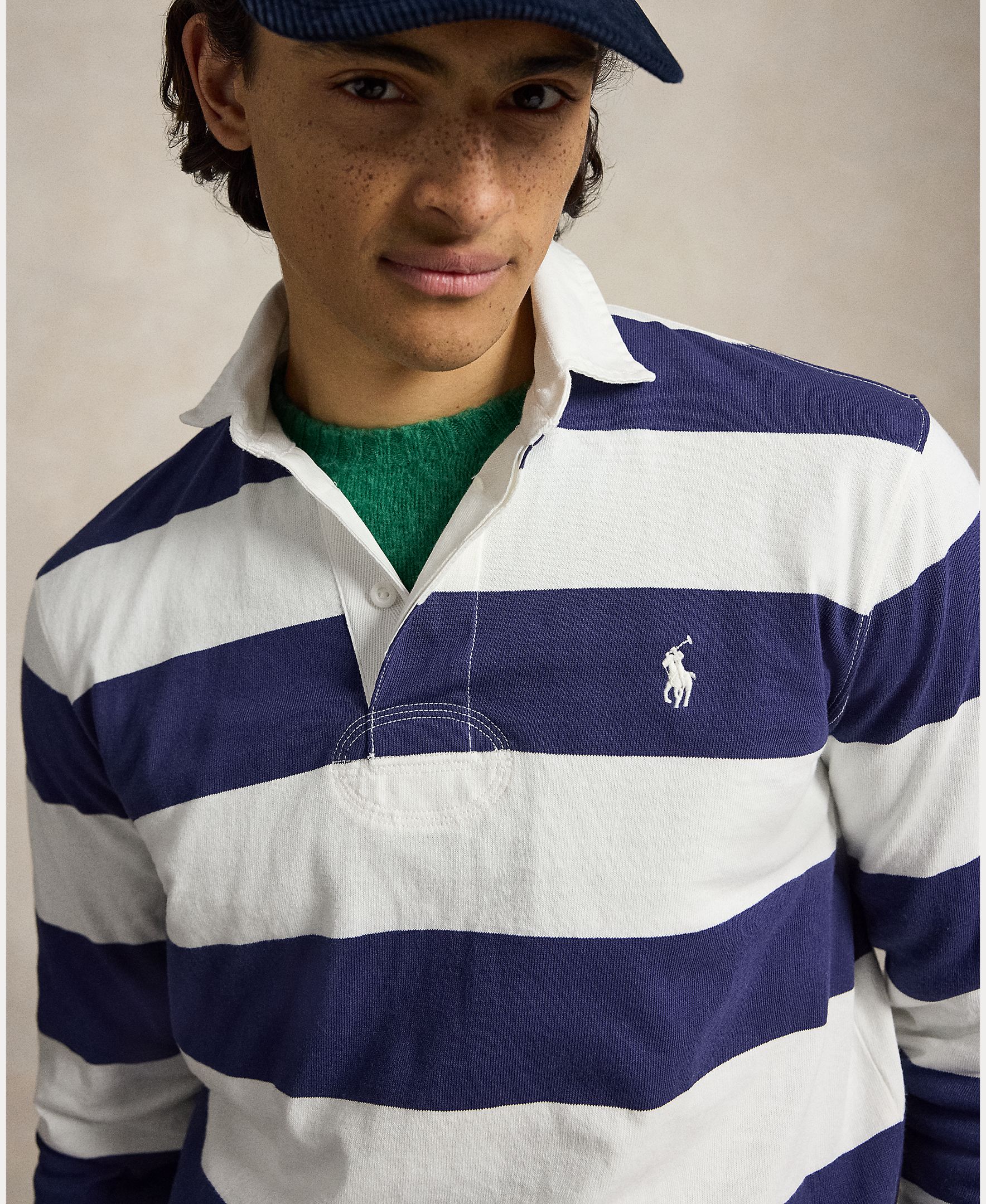 Polo de Rugby de Algodão às Riscas Azul-marinho-4