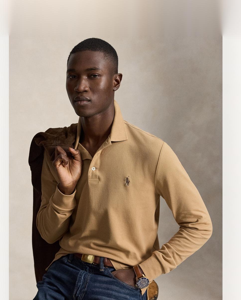 Polo Piqué Regular Fit com Manga Comprida Camel-5