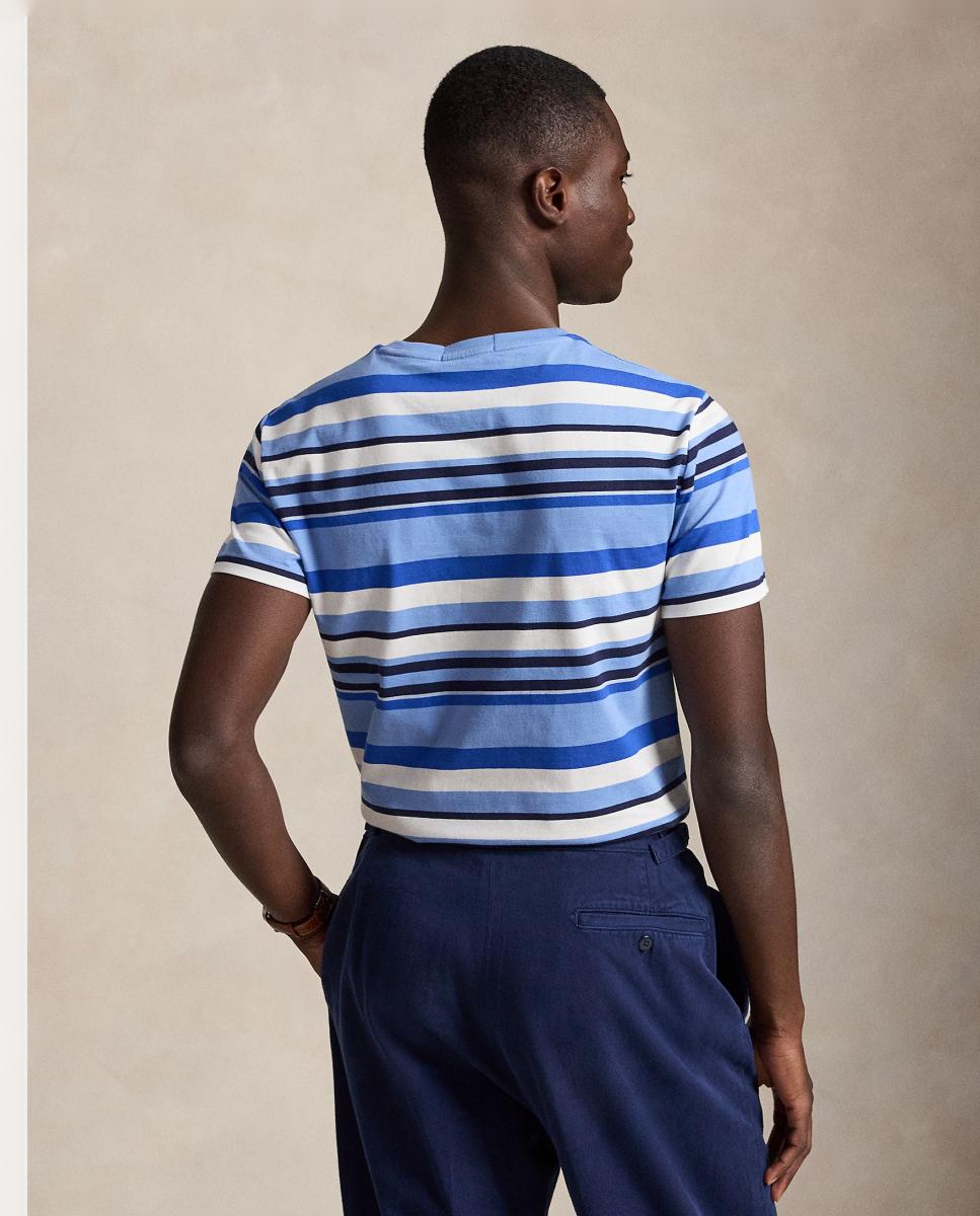 T-shirt às Riscas e em Algodão Azul-3