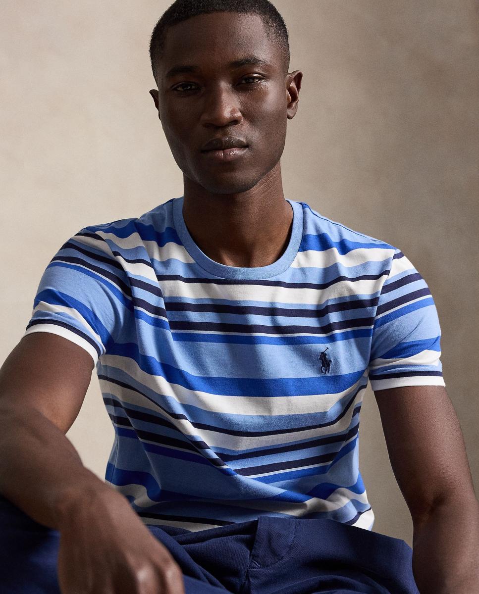 T-shirt às Riscas e em Algodão Azul-4
