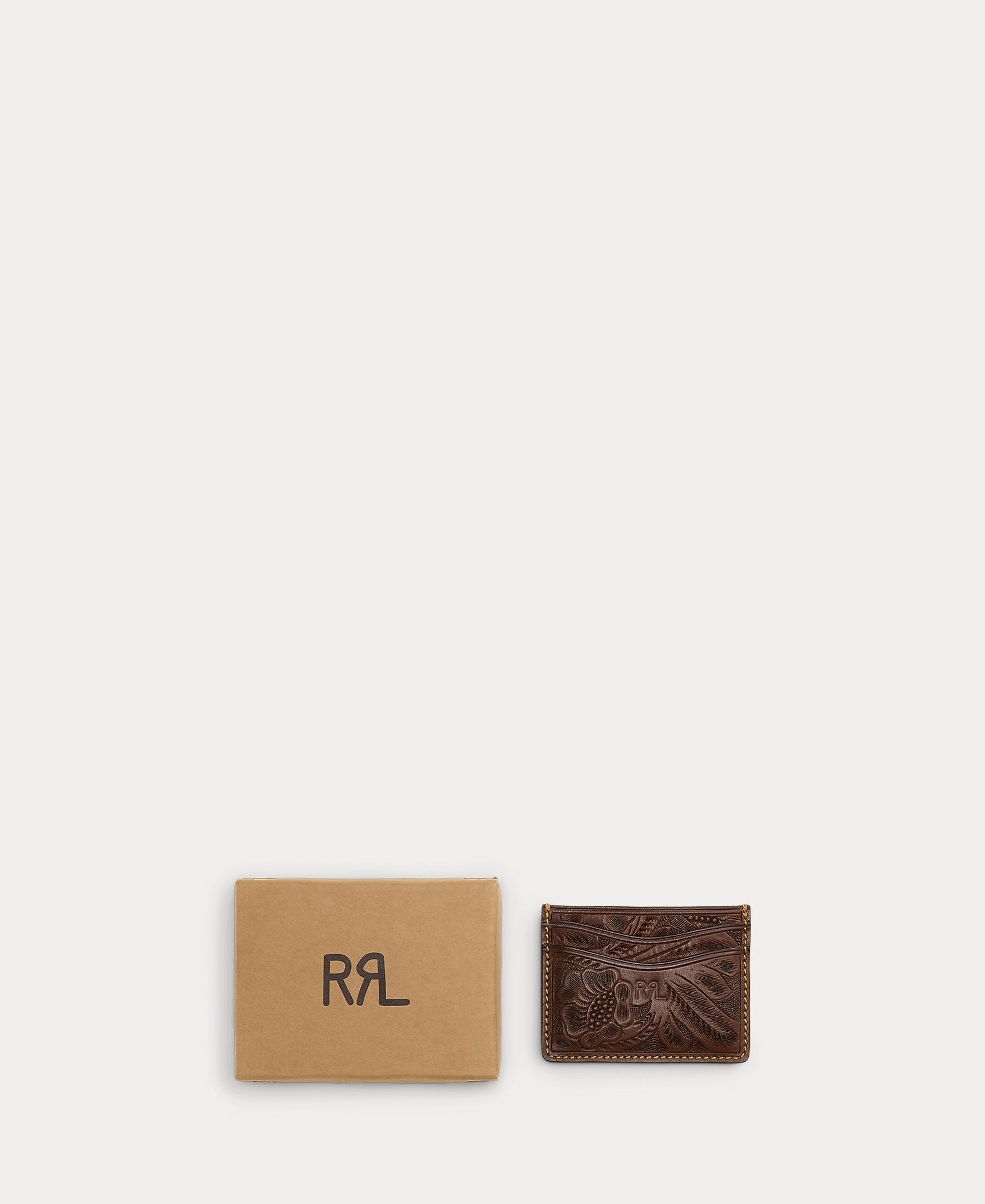 Porta-Cartões de Couro Trabalhado à Mão com RL Duplo Castanho-4
