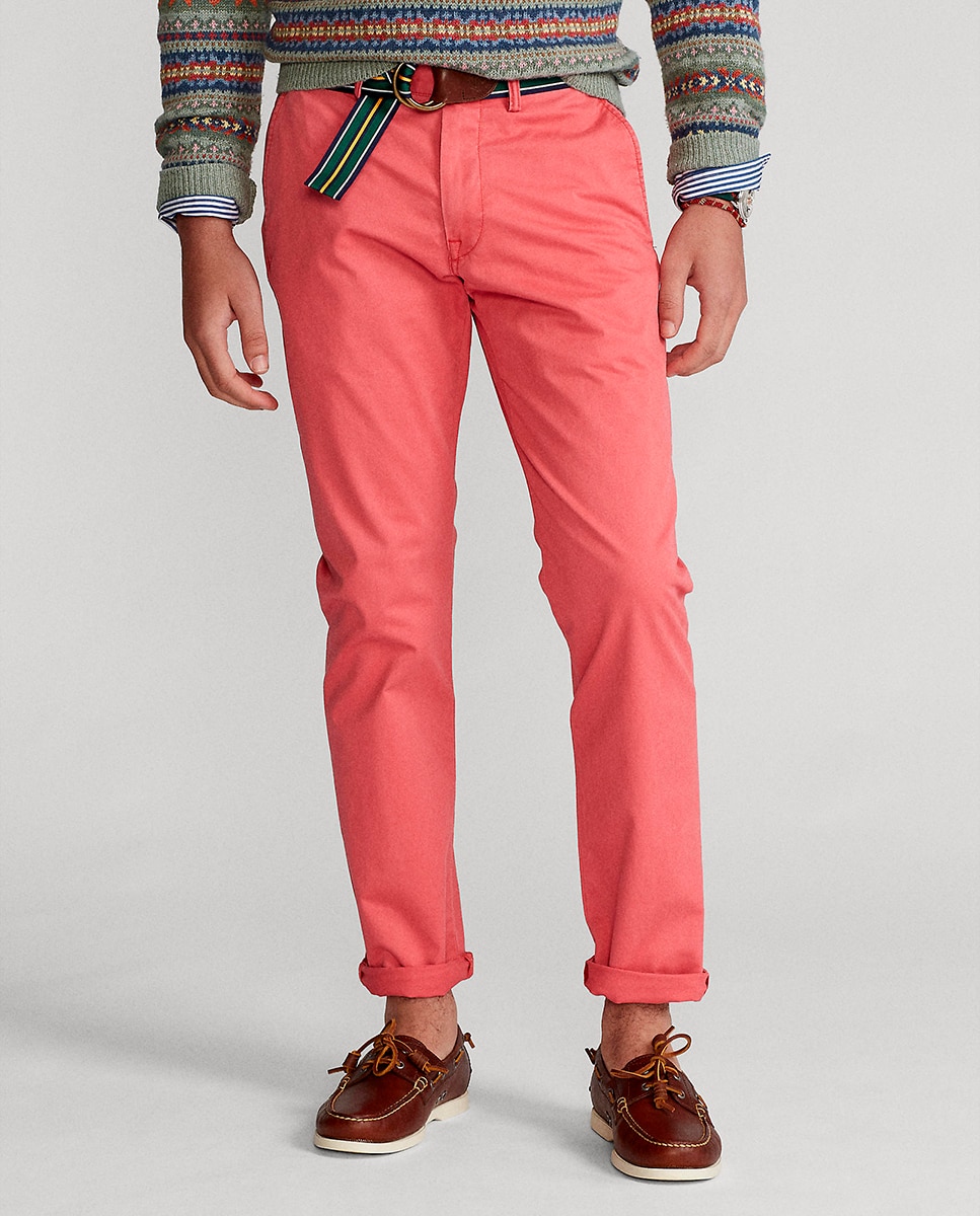 Calças Chino Slim Fit de Algodão Vermelho Coral-3