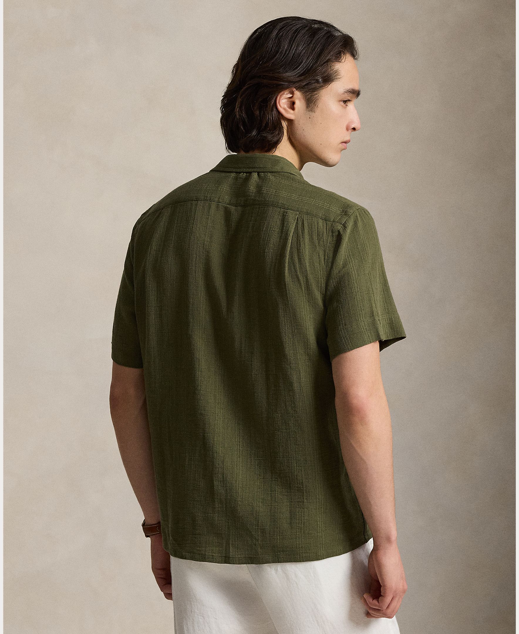 Camisa em Tecido de Rede Classic Fit Verde pardo-3