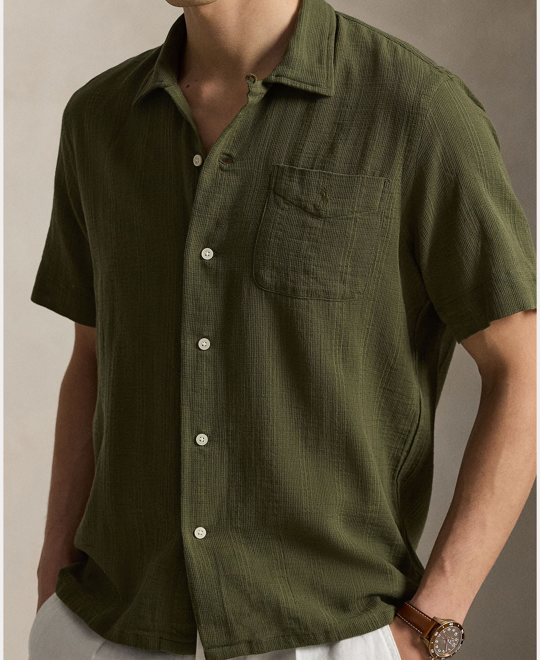 Camisa em Tecido de Rede Classic Fit Verde pardo-4
