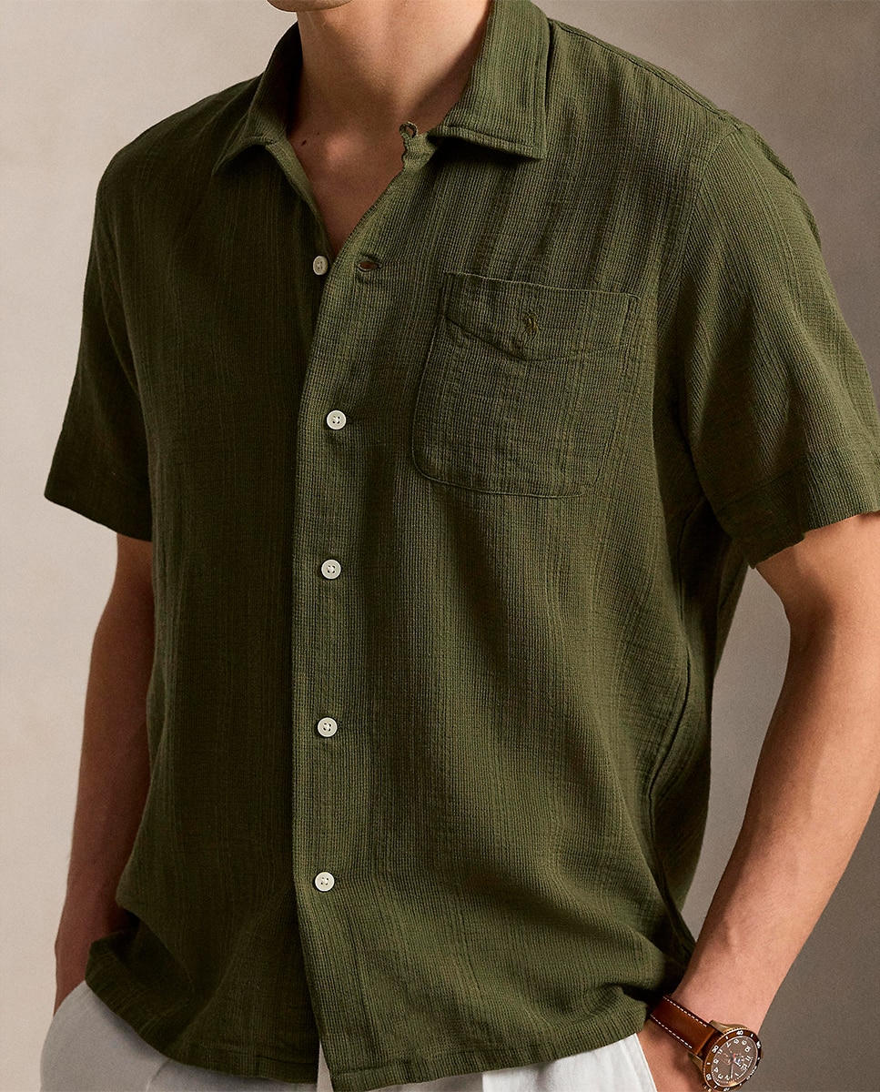Camisa em Tecido de Rede Classic Fit Verde pardo-5