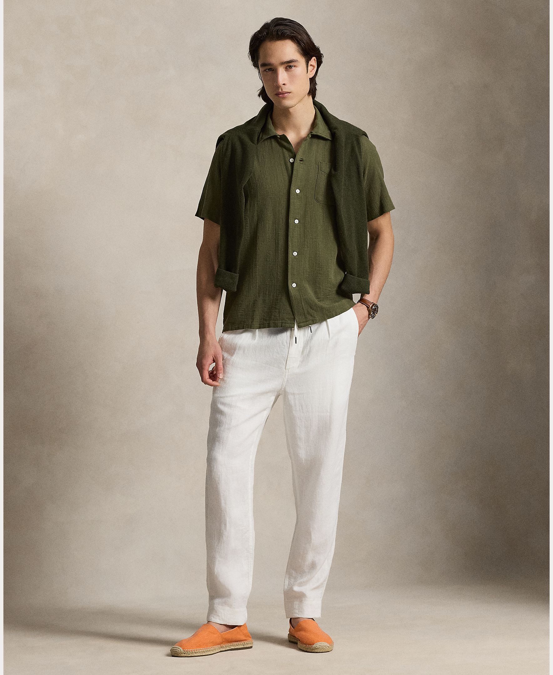 Camisa em Tecido de Rede Classic Fit Verde pardo-7