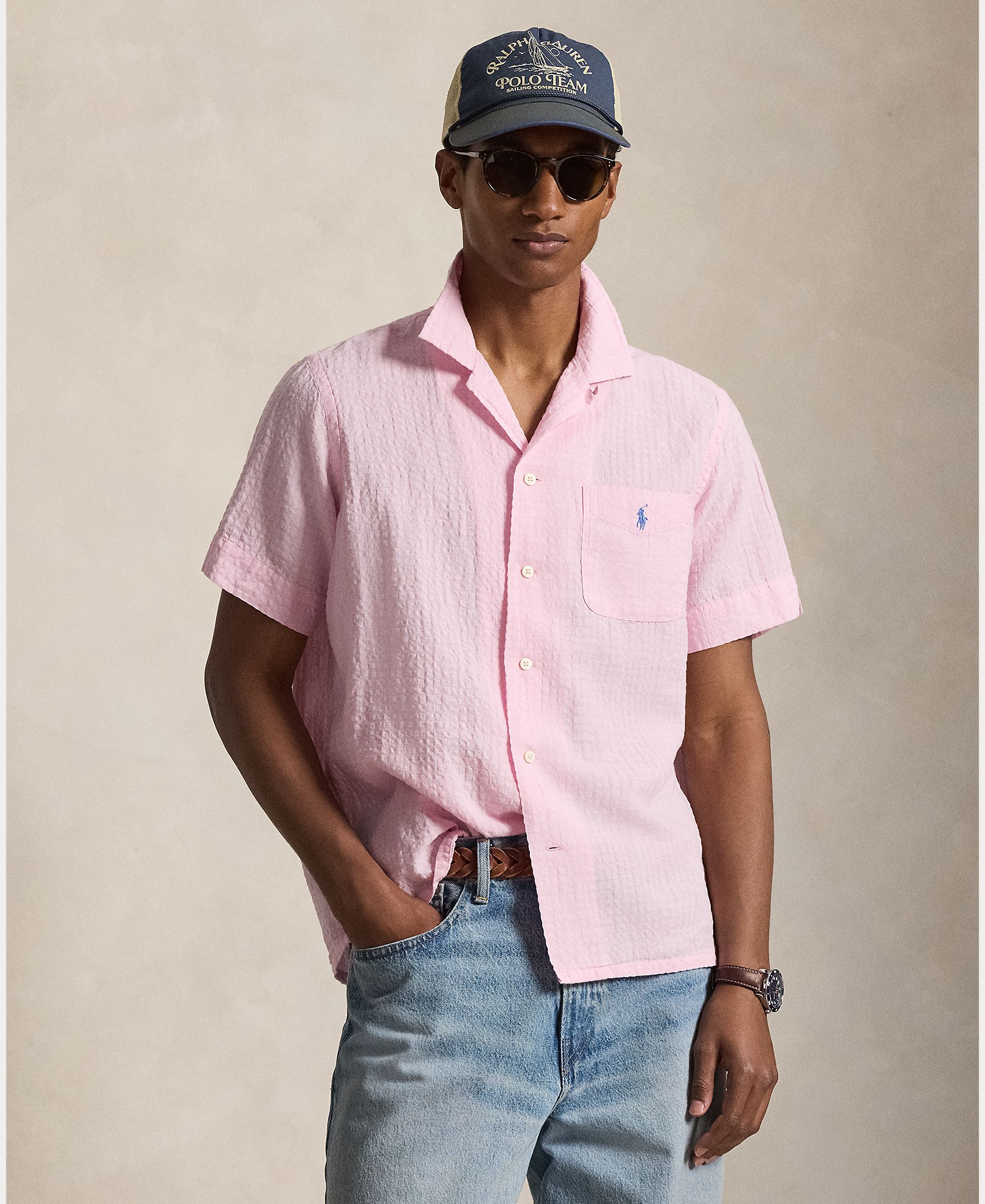 Camisa de Manga Curta com Bolso Rosa-claro-1