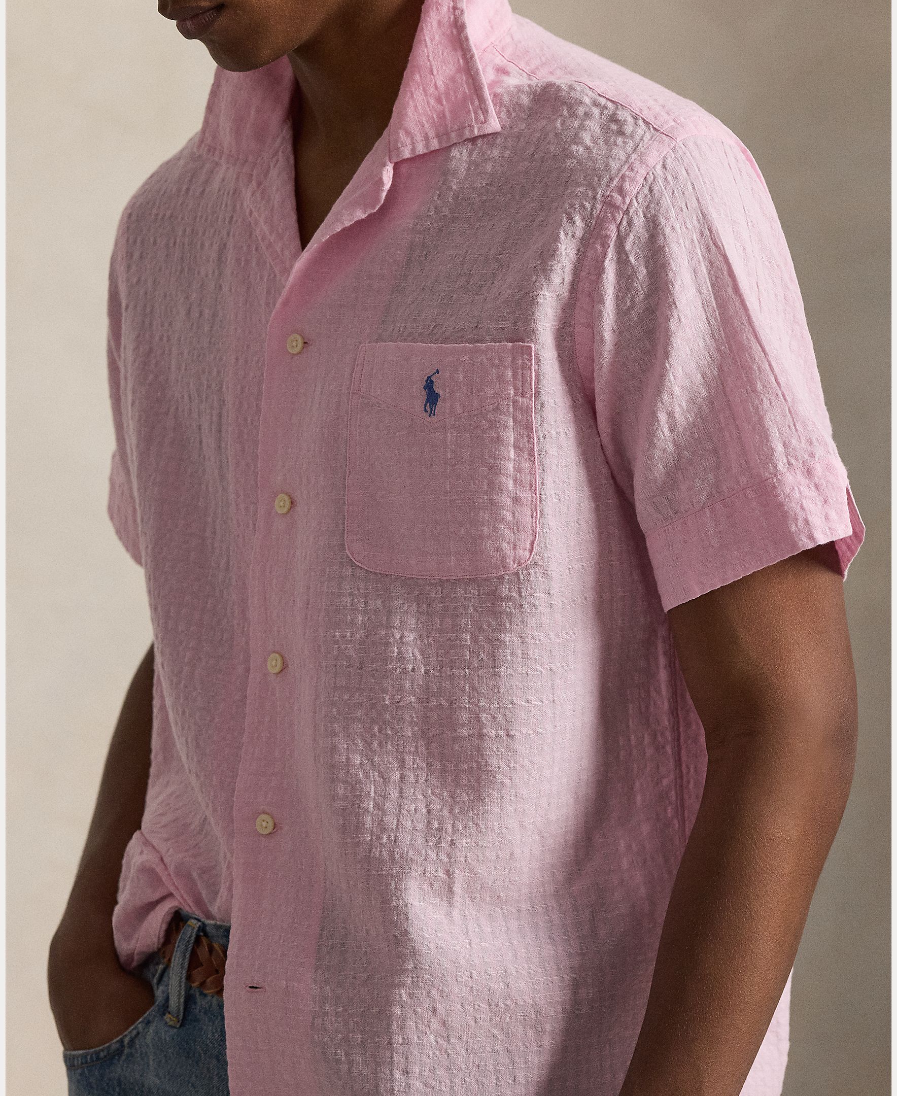 Camisa de Manga Curta com Bolso Rosa-claro-4
